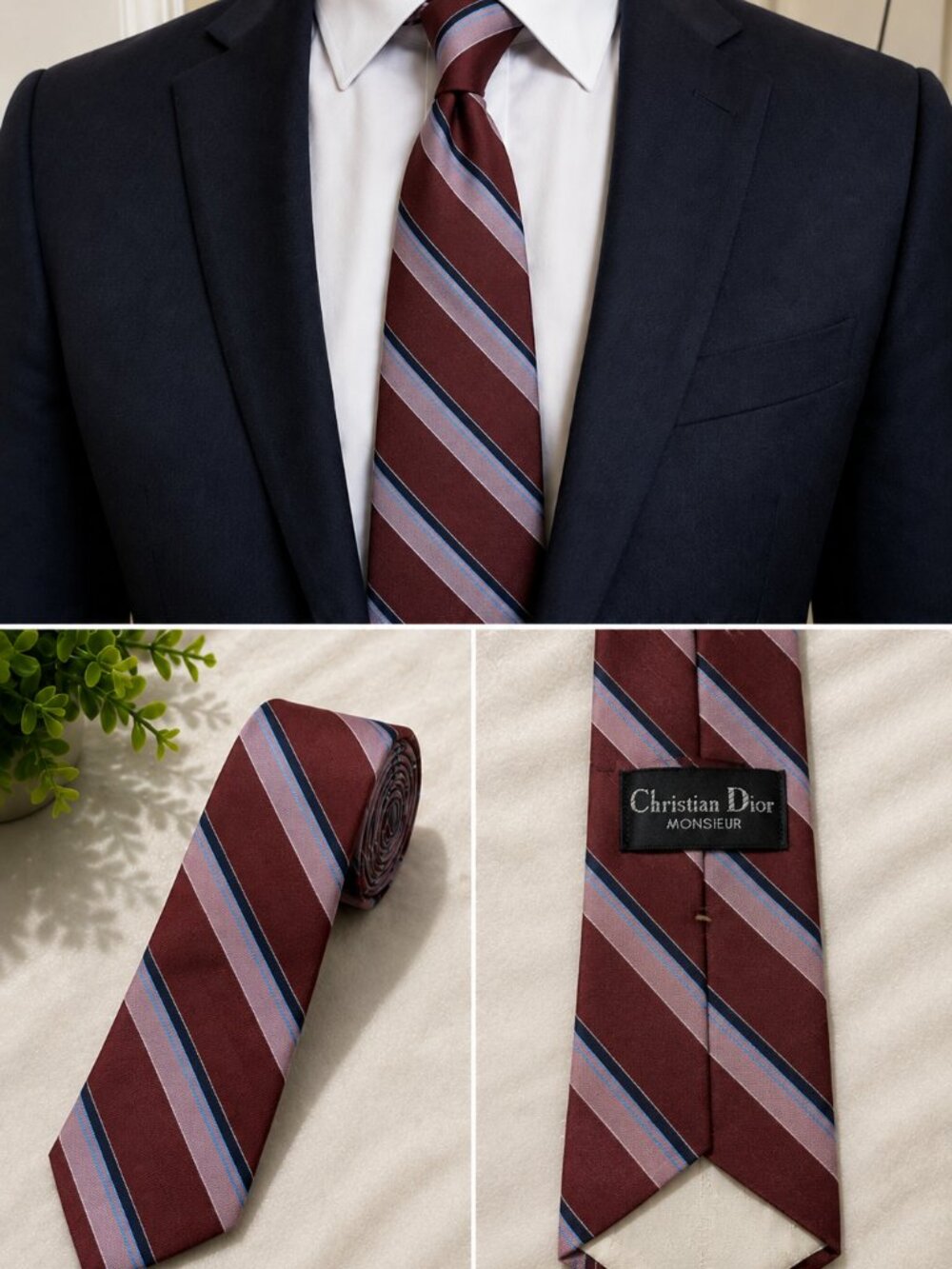 Christian Dior Monsieur Men’s Extra Long Striped Necktie Burgundy Pink N